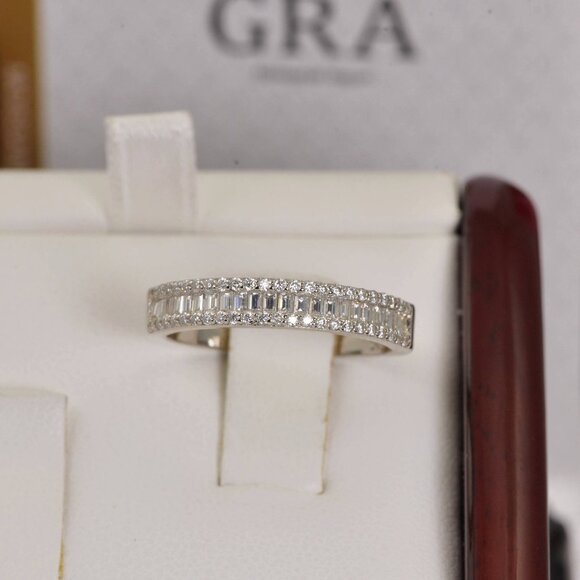 Certified Moissanite Diamond Baguette Cut Half Eternity Wedding Band Ring - Picture 3 of 3